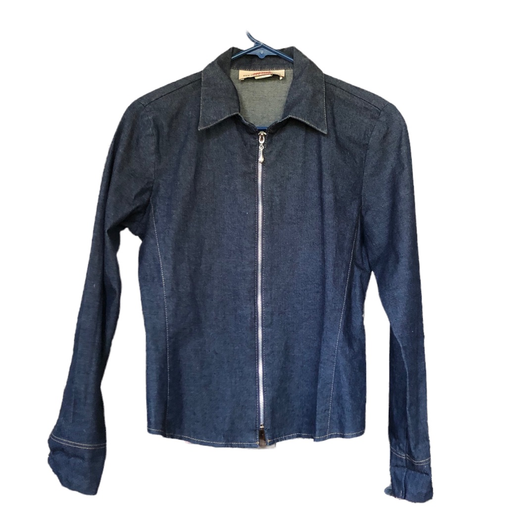 New York Collection Denim Zip Long Sleeve Blouse Size Small